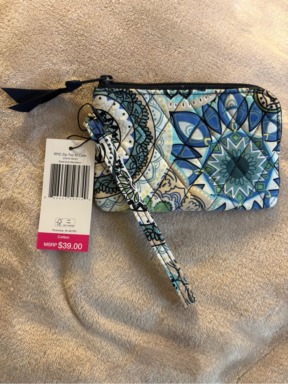 Vera Bradley RFID Zip-Top ID Case Sketched Medallion Wristlet New